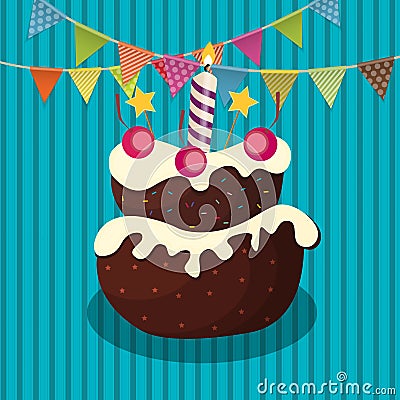 Color Glossy Happy Birthday Balloons, Flags and Cake Banner Back Vector Illustration