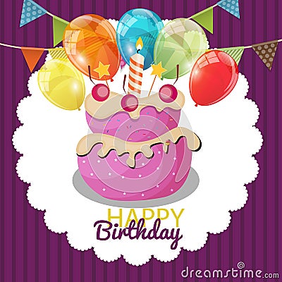 Color Glossy Happy Birthday Balloons, Flags and Cake Banner Back Vector Illustration