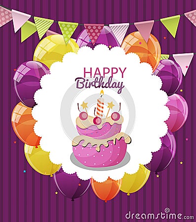 Color Glossy Happy Birthday Balloons, Flags and Cake Banner Back Vector Illustration