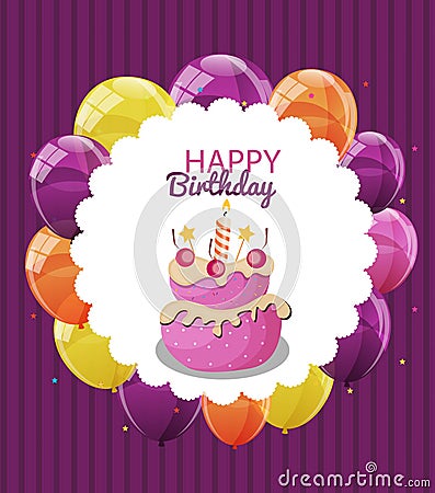 Color Glossy Happy Birthday Balloons, Flags and Cake Banner Back Vector Illustration