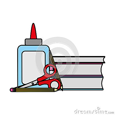 Color glue and scissors with books school tools Vector Illustration