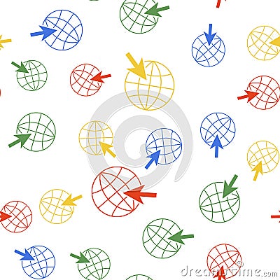 Color Go To Web icon isolated seamless pattern on white background. Globe and cursor. Website pictogram. World wide web Vector Illustration
