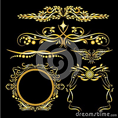 Color Gold Vintage Decorations Elements Flourishes Calligraphic Ornaments and Frames Black background Vector Illustration