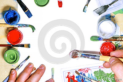 Color gouache jars on white background. Top view, copy space Stock Photo