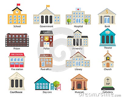 Color government buildings icons set Vector Illustration