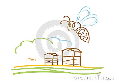 Color graphic illustration logo or icon, linear silhouette of stylized flying bee against background of meadows and apiary beehive Vector Illustration