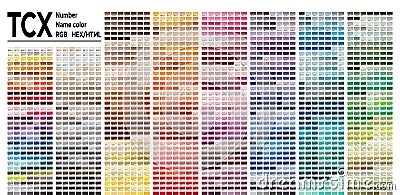 Color table Pantone FHI system. Vector color palette with number, named color swatches, chart conform to pantone RGB, HTML and HEX Vector Illustration