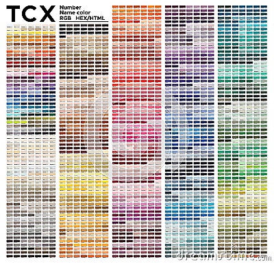 Color table Pantone FHI system. Vector color palette with number, named color swatches, chart conform to pantone RGB, HTML and HEX Vector Illustration