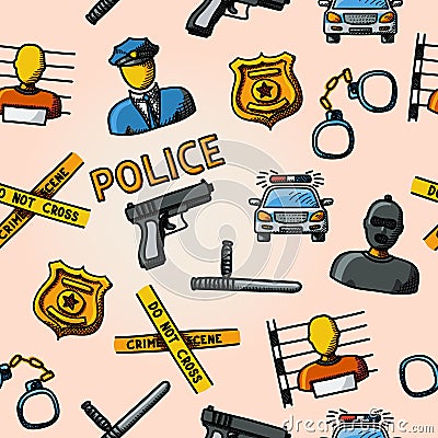 Color hand drawn police pattern - gun, car, crime Vector Illustration