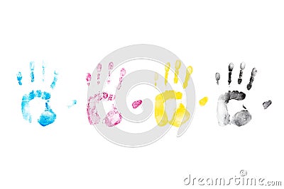 Color hand prints on white background. Stock Photo