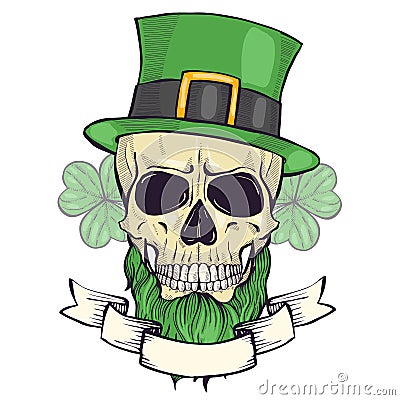 Color handdrawn skull of leprechaun Vector Illustration