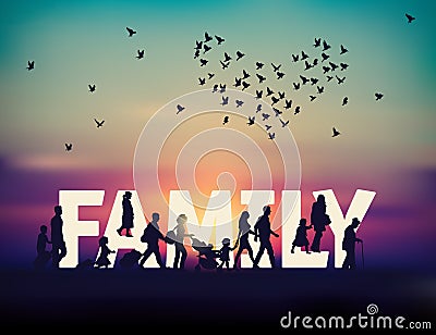 Color happy family word people travel silhouette sunrise and sky Vector Illustration