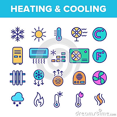 Color Heating And Cooling System Vector Linear Icons Set Vector Illustration