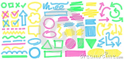 Color highlight marker strokes. Colorful markers cross and tick mark, doodle highlights arrows and marker stroke frames Vector Illustration