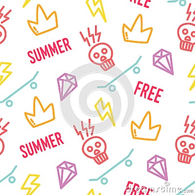 Color hipster pattern with old school tattoo elements in doodle style. Ornament for textile and wrapping. Vector summer background Vector Illustration