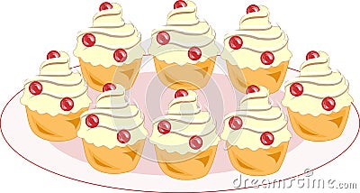 Color icon with a plate of tasty muffins. A cookie with a cream filling will decorate any festive table. A cake for tea and as a Cartoon Illustration