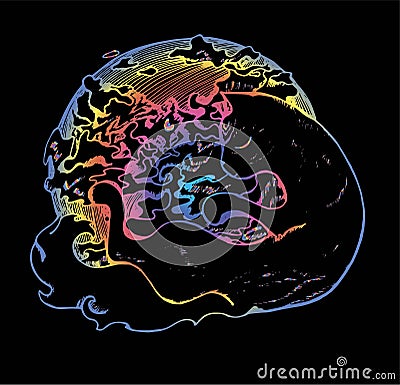 Color illustration of a cat embracing a planet. Cat with closed eyes and clouds. Tattoo idea. Vector Illustration