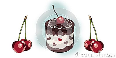Color illustration of a chocolate cake and cherrys.The cherry dessert Stock Photo