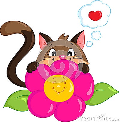 Color illustration of a cute little brown cat, hiding behind a big pink flower, for children`s book, Easter or Valentine`s card Vector Illustration