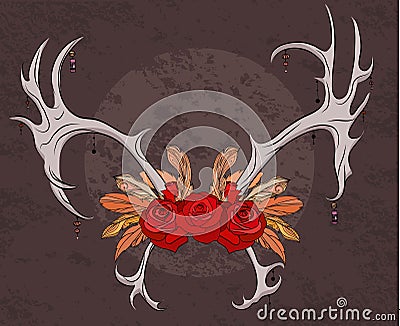 Color illustration deer antlers with roses and feathers. Vector Illustration