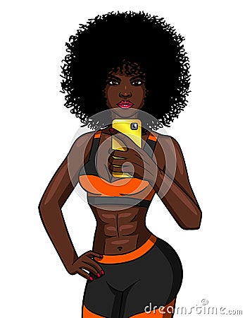 Color illustration of a girl in sportswear isolated from white background. Slim Girl makes selfie after workout. Sports Afr Cartoon Illustration