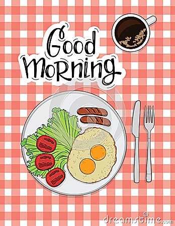 Color illustration of omelet with sausages, tomato and coffee. Poster for a cafe or restaurant with a healthy food and the Cartoon Illustration