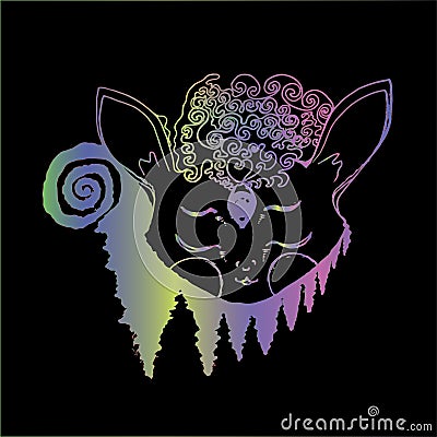 Color Illustration of a psychedellic animal in meditation, fractal trees, inversion. Vector Illustration