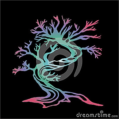 Color illustration of a running tree with a spiral ornament. The roots of the feet. Cartoon Illustration