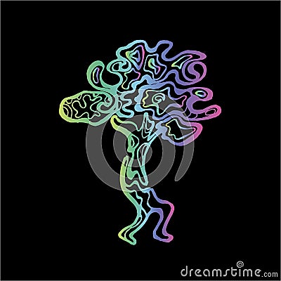 Color illustration of a running tree with a spiral ornament. The roots of the feet. Cartoon Illustration