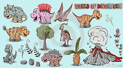 Color illustration of small dinosaurs and trees, plants, stones, for design in Doodle style Vector Illustration