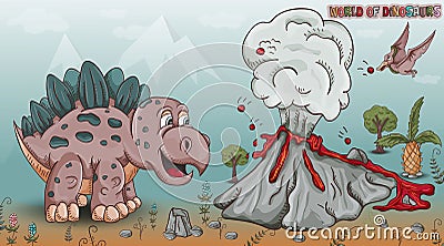 Color illustration_2_of small dinosaurs and trees, plants, stones, for design in Doodle style Vector Illustration