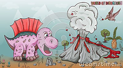 Color illustration_4_of small dinosaurs and trees, plants, stones, for design in Doodle style Vector Illustration
