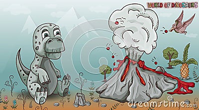 Color illustration_6_of small dinosaurs and trees, plants, stones, for design in Doodle style Vector Illustration