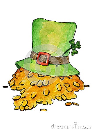 Color illustration for St. Patrick`s Day with hat, shamrock and gold coins. Watercolor sketching. Template for design postcards Cartoon Illustration