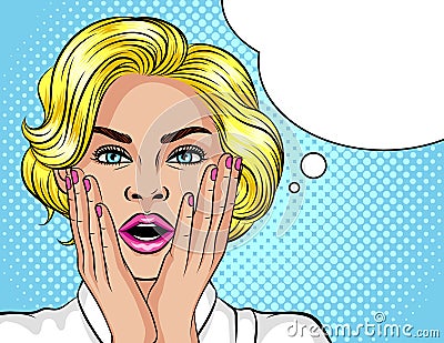 Color illustration in the style of pop art. The blonde girl opened her mouth in surprise. Beautiful woman in shock. The gir Cartoon Illustration