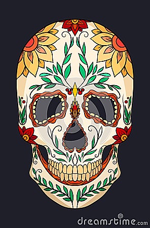 Color illustration of a sugar skull. The Feast of the Day of the Dead. Vector Illustration