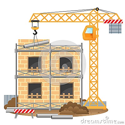 Color images of build of house, elevating crane on a white background. Vector illustration for kids. Vector Illustration