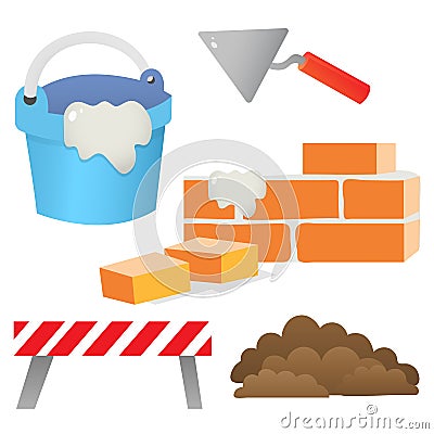 Color images of brick wall, cement with shpatel on a white background. Set of building tools. Vector illustration for kids. Vector Illustration