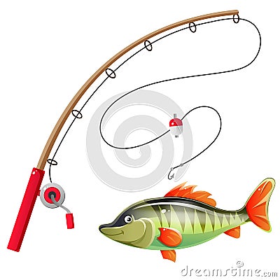 Color image of cartoon fishing rod with big fish on white background. Hobby and fishery. Vector illustration Vector Illustration