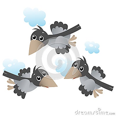 Color image of cartoon flock of crows in the sky on white background. Birds. Vector illustration for kids Vector Illustration