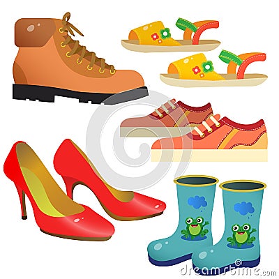 Color image of cartoon shoes. Sports sneakers, children`s boots, women`s pair of shoes, sandals. Clothing. Vector illustration s Vector Illustration