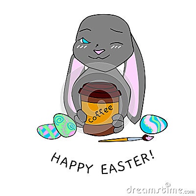 Color image of an Easter Bunny painting an egg and coffee Cartoon Illustration