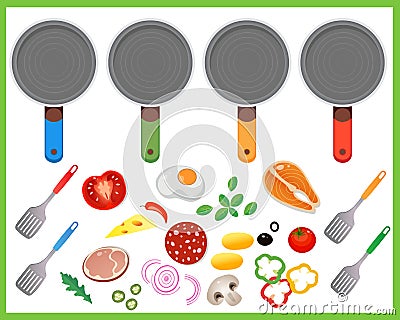 Color image of frying pans and products. Food ingredients on white background. Food and meals. Dishes and crockery. Vector Vector Illustration