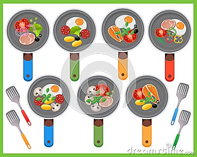 Color image of frying pans and products. Food ingredients on white background. Food and meals. Dishes and crockery. Vector Vector Illustration