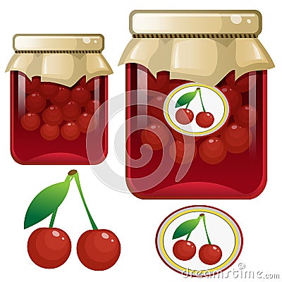 Color image of jar of cherry jam. Berries and fruits. Food and cooking. Vector illustration Vector Illustration