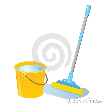 Color image of mop with bucket of water on white background. Tools for cleaning and housework. Vector illustration Vector Illustration