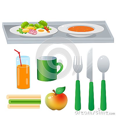 Color image of portion lunch or dinner on white background. Food and meals. Dishes and crockery. Vector illustration set Vector Illustration