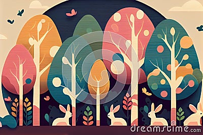 Color image of rabbits under tree in forest colorful background.generative Ai Stock Photo