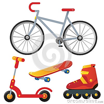 Color image of red Bicycle, scooter, skateboard and roller skates. Summer outdoor games and active recreation. Vector illustration Vector Illustration