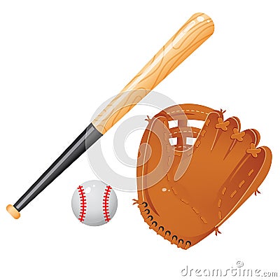 Color images of baseball bat, of ball and of catcher`s mitt or glove on white background. Sports equipment. Vector illustration Vector Illustration